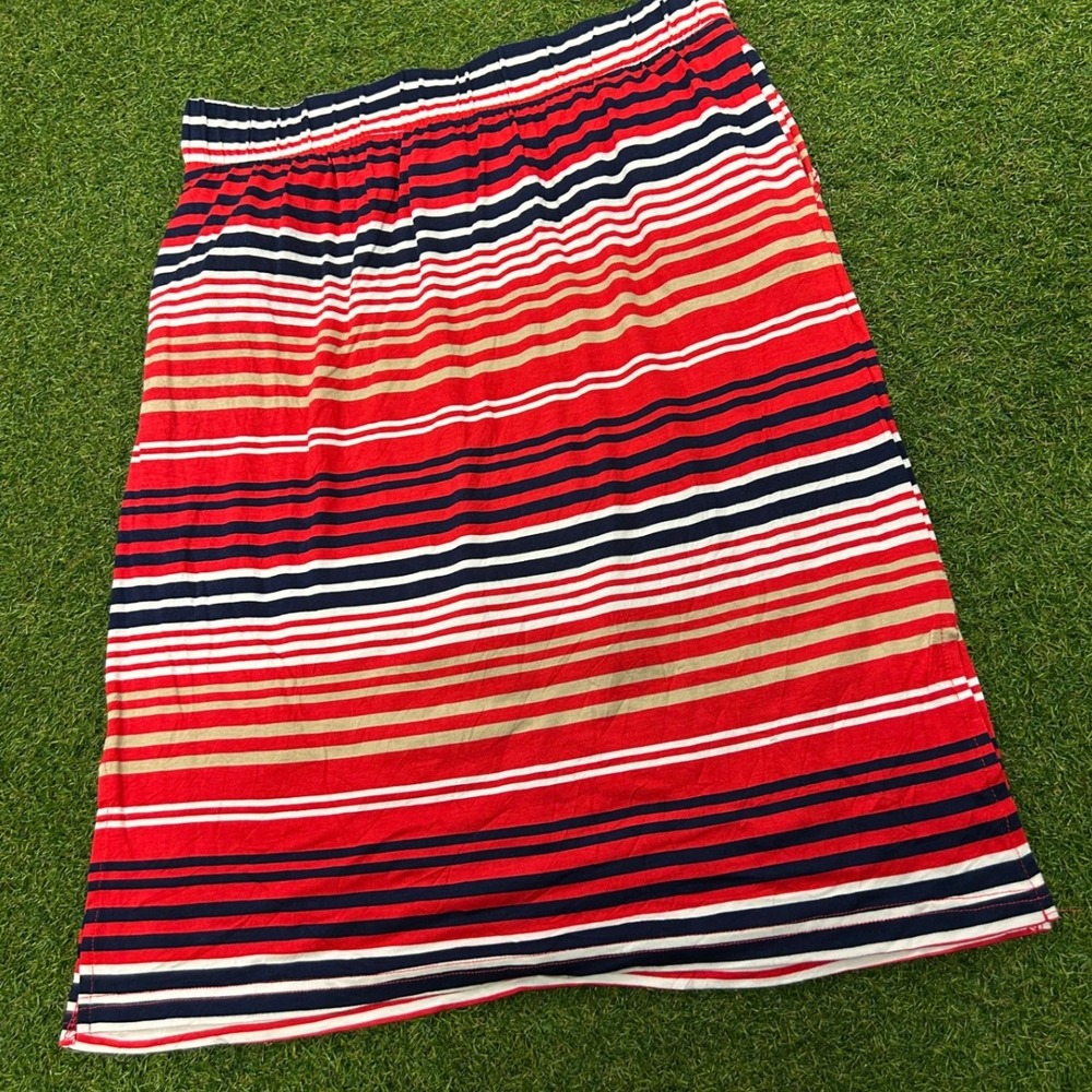 St Johns Bay Striped Midi Skirt Red Navy Blue White Tassel Elastic Waist Medium